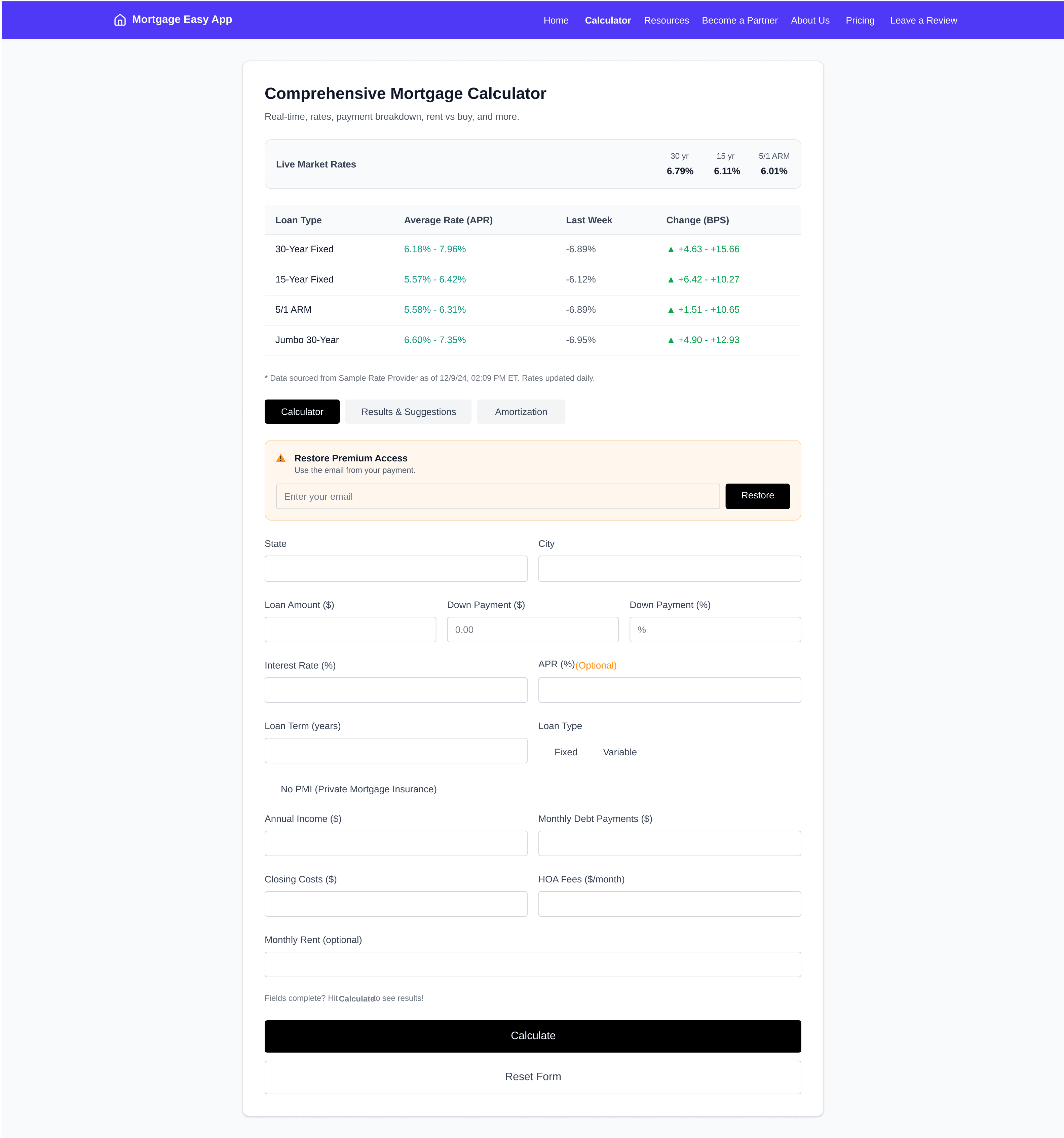 High-Fidelity Calculator Interface showing live market rates and comprehensive mortgage calculator