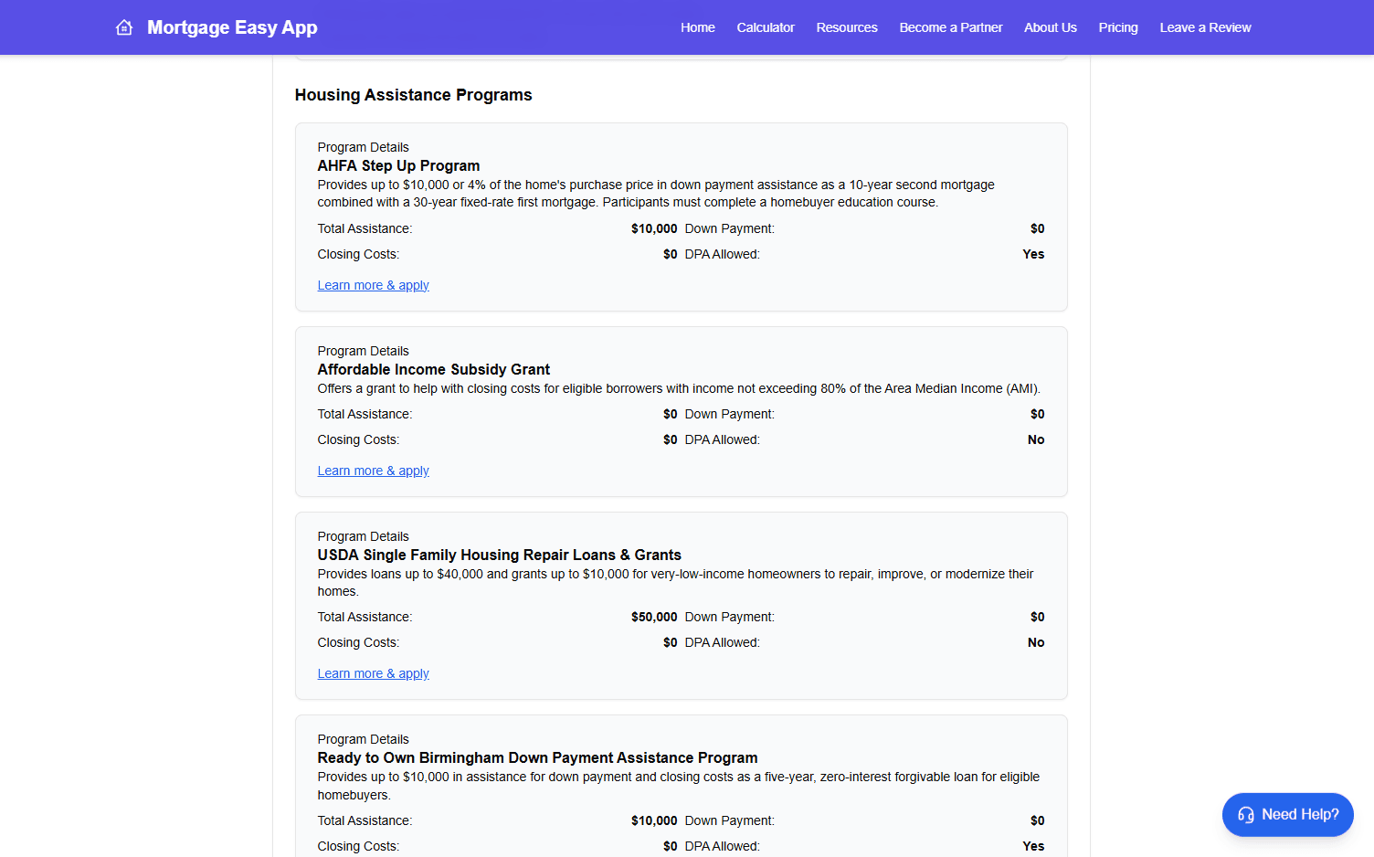 Mortgage Easy housing assistance results interface