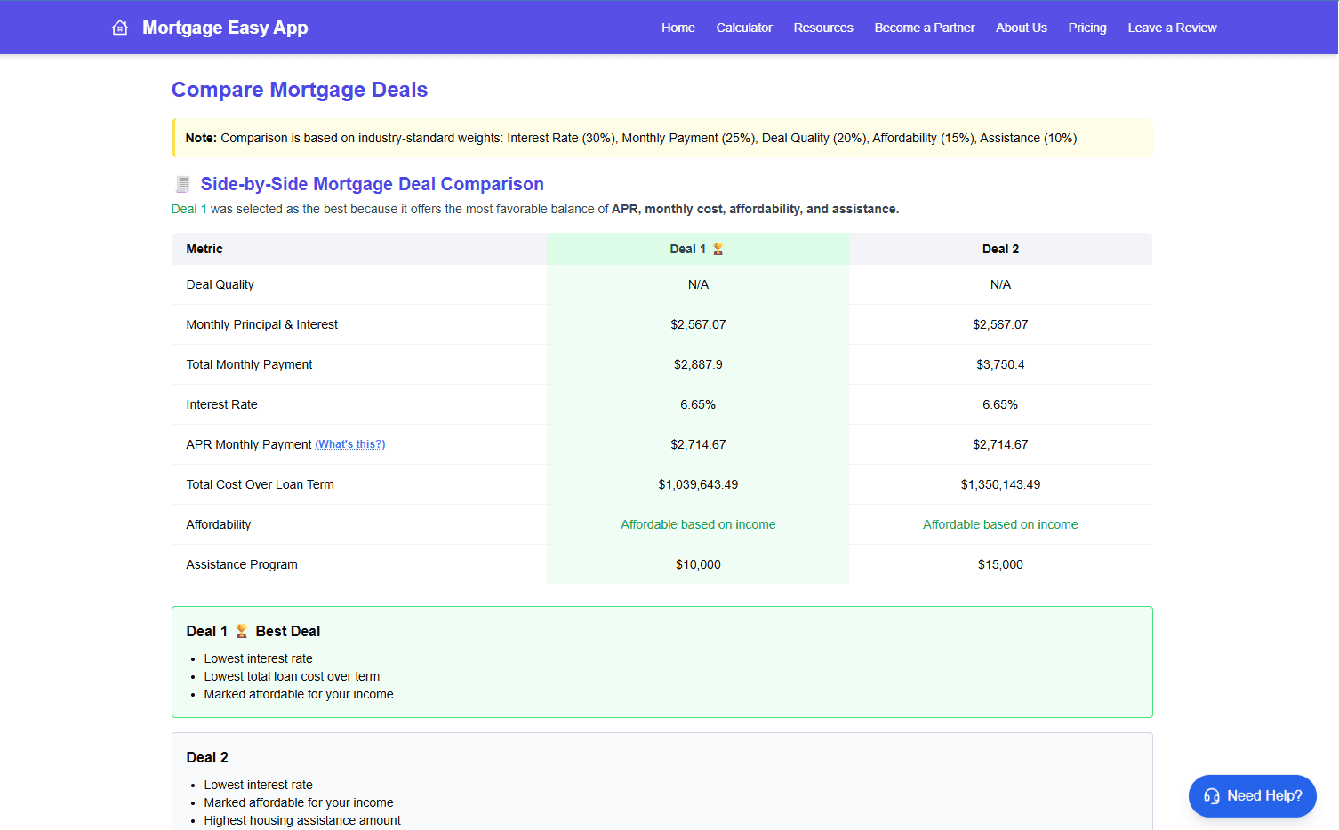 Mortgage Easy comparison interface and mortgage scenarios