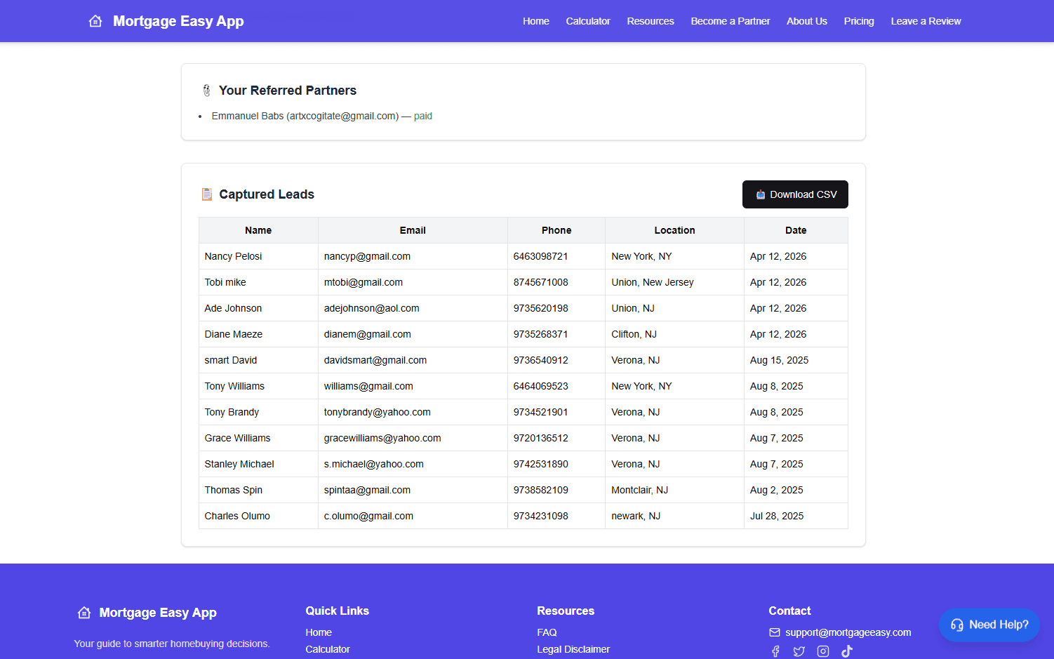 Mortgage Easy lead capture dashboard with captured buyer leads
