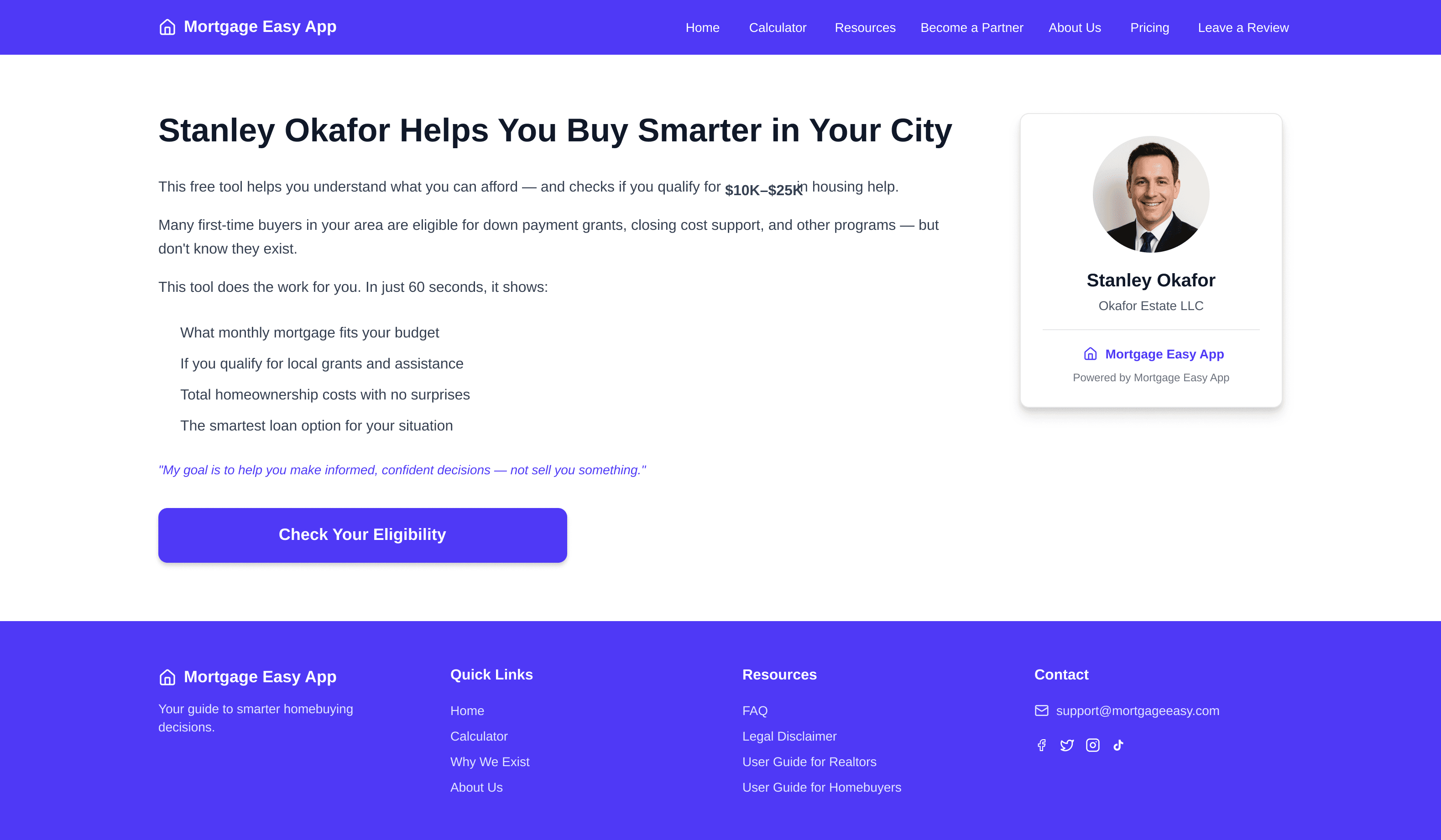 High-Fidelity Co-Branded Partner Page showing personalized realtor page with eligibility check